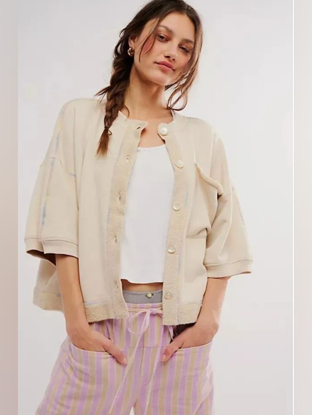 FREE PEOPLE Matilda Relaxed Cardigan Cream Rainbow Trim Medium NWT